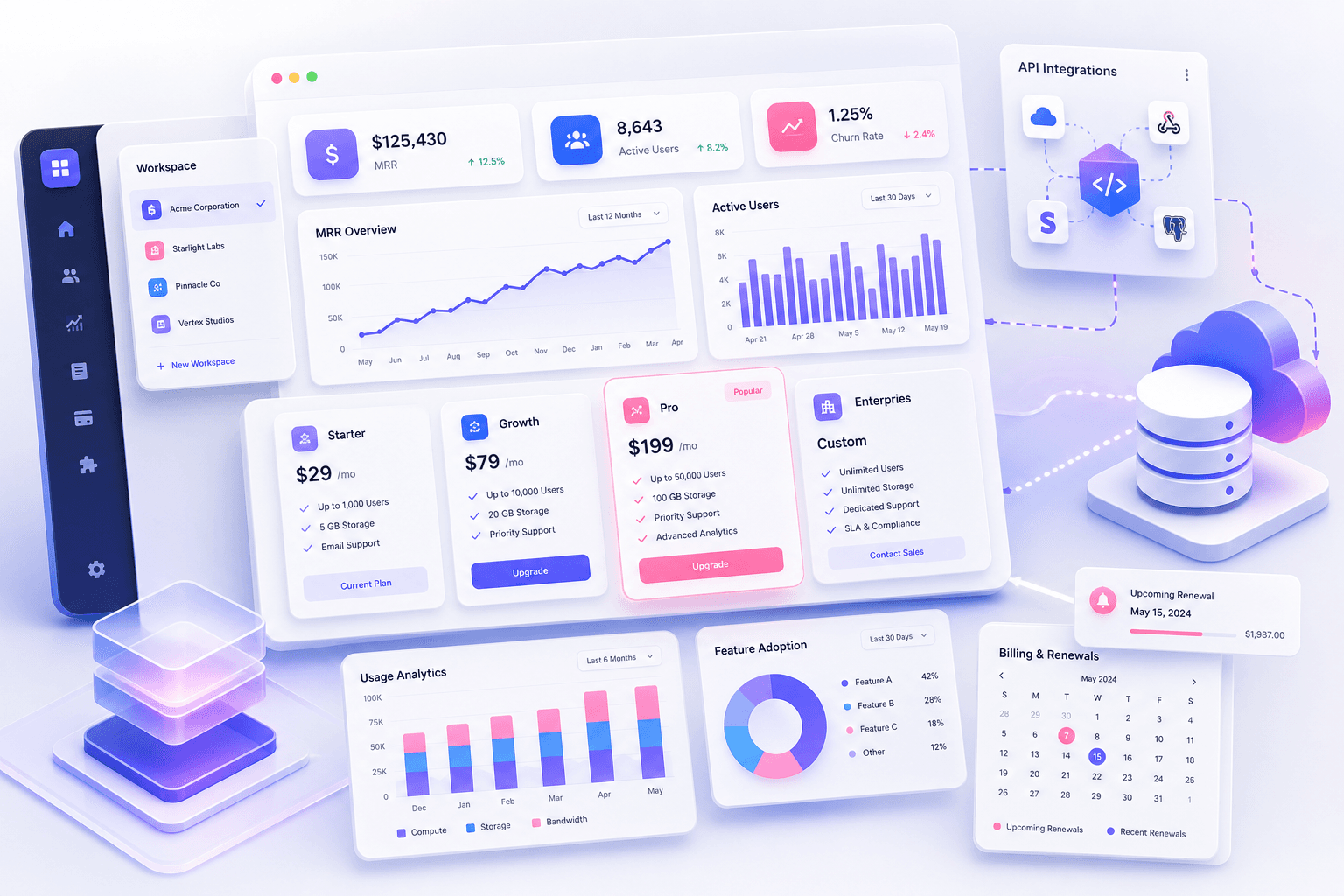 SaaS product development — subscriptions, analytics and multi-tenant platform illustration