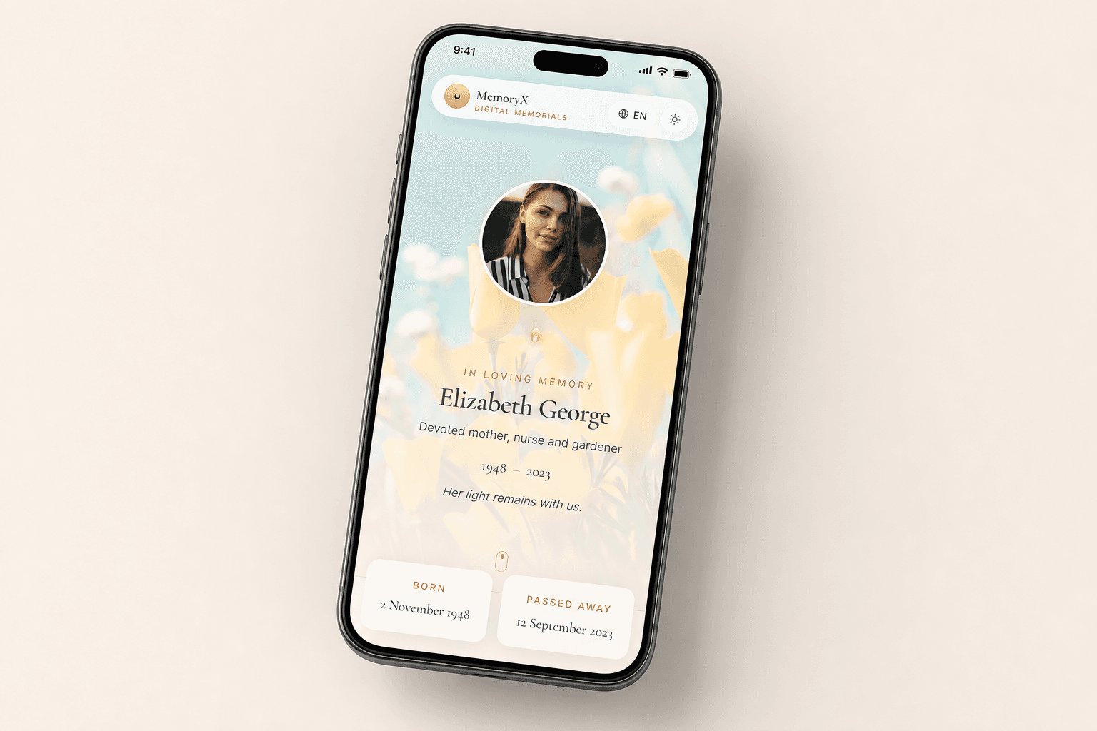Memoryx digital memorial platform on mobile — Elizabeth George memorial profile